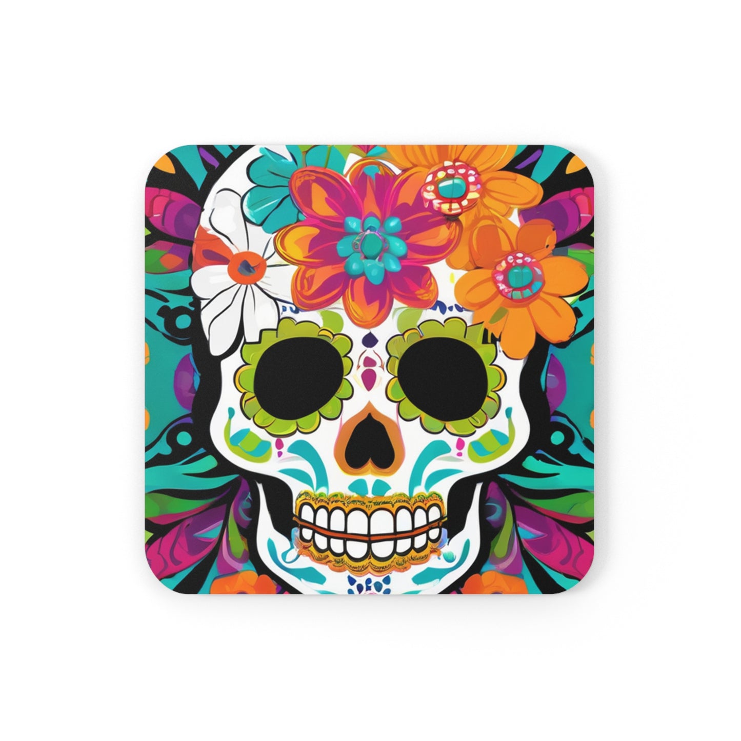 Day of the Dead Flower Power Skull Christmas Festive Dia de los Muertos Cocktail Party Fiesta Entertaining Corkwood Coaster Set