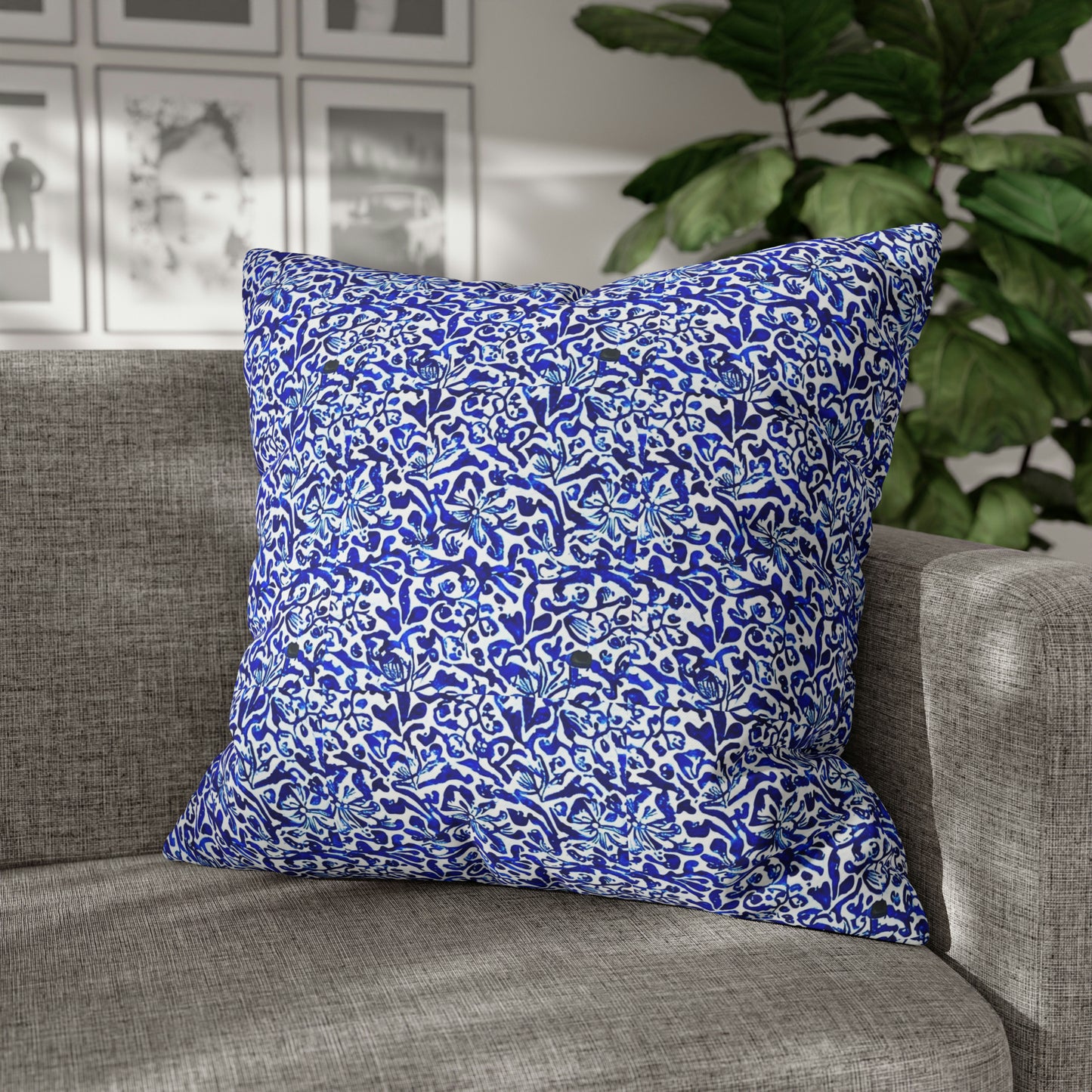 Blue Caribbean Sea Tile Cobalt Blue and White Coastal Decorative Spun Polyester Pillow Cover