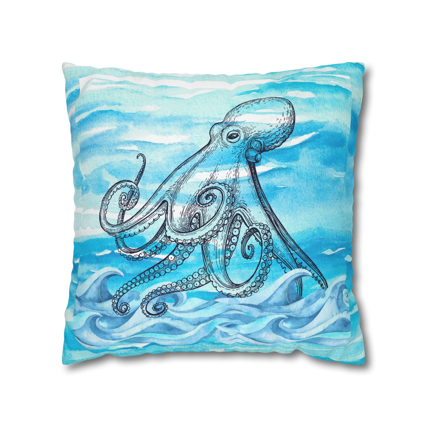Coastal Summer Octopus Watercolor Square Poly Canvas Pillow Cover