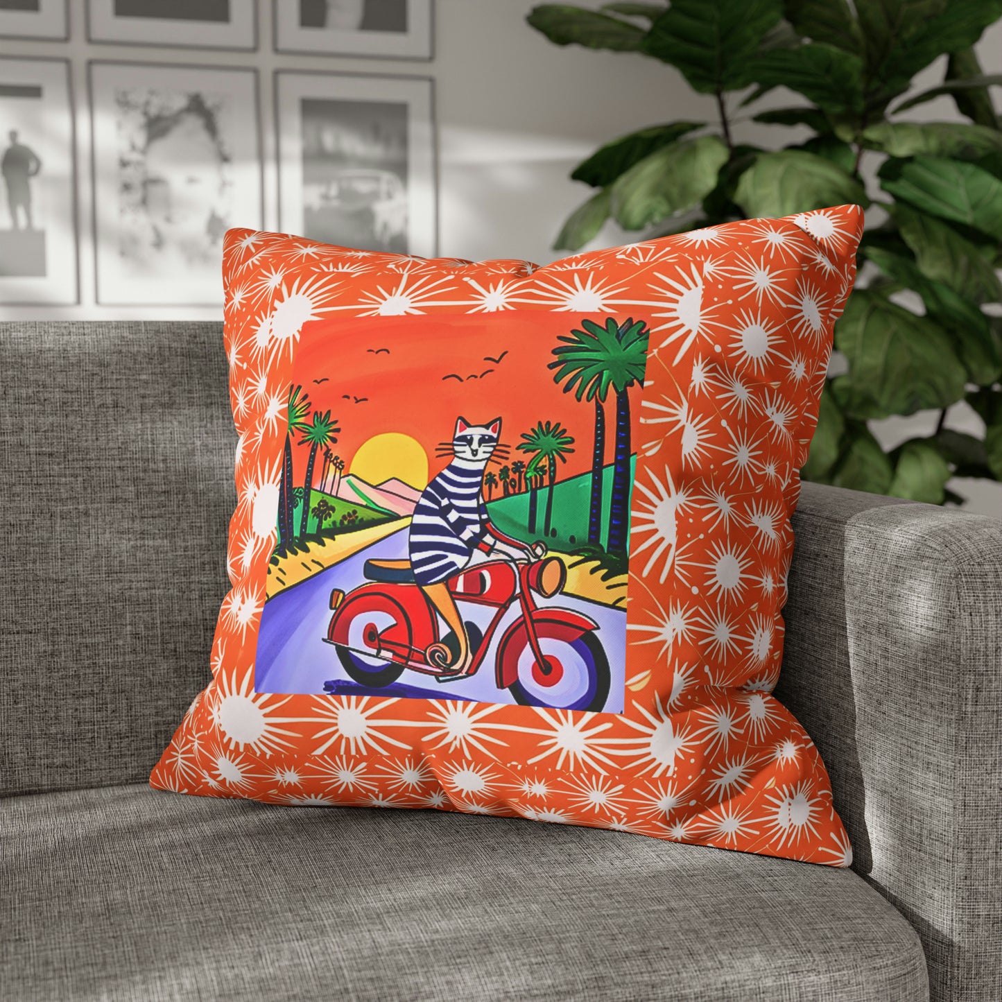 Cool Cat Moto Palm Springs Motorcycle Tour Midcentury Modern Children's Art Square Poly Canvas Pillow Cover