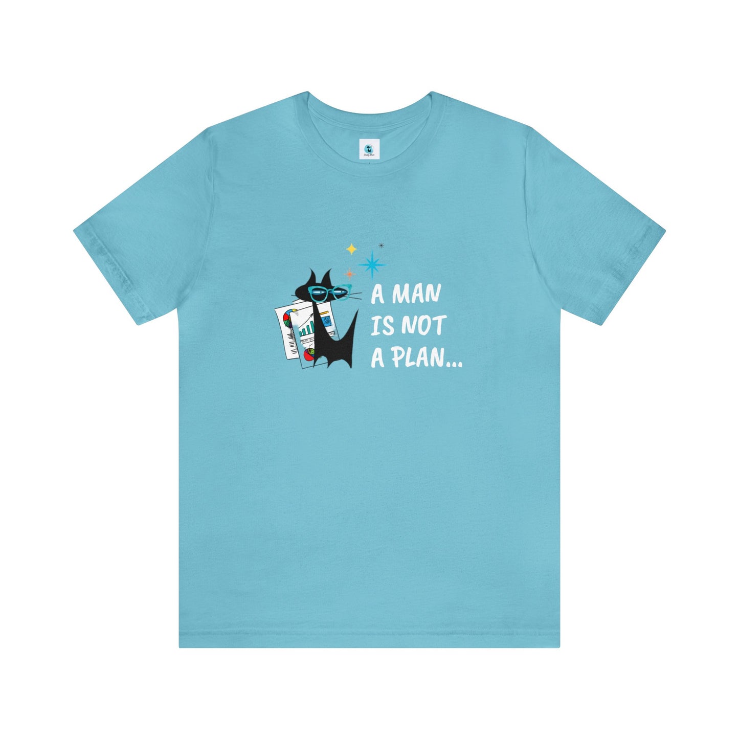 A Man is Not a Plan Midcentury Modern Atomic Black Cat Snarky Humor Unisex Jersey Short Sleeve Tee