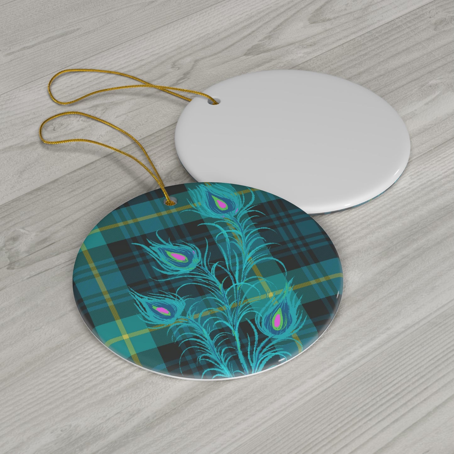 Tartan Plaid Peacock Feather Ceramic Ornament