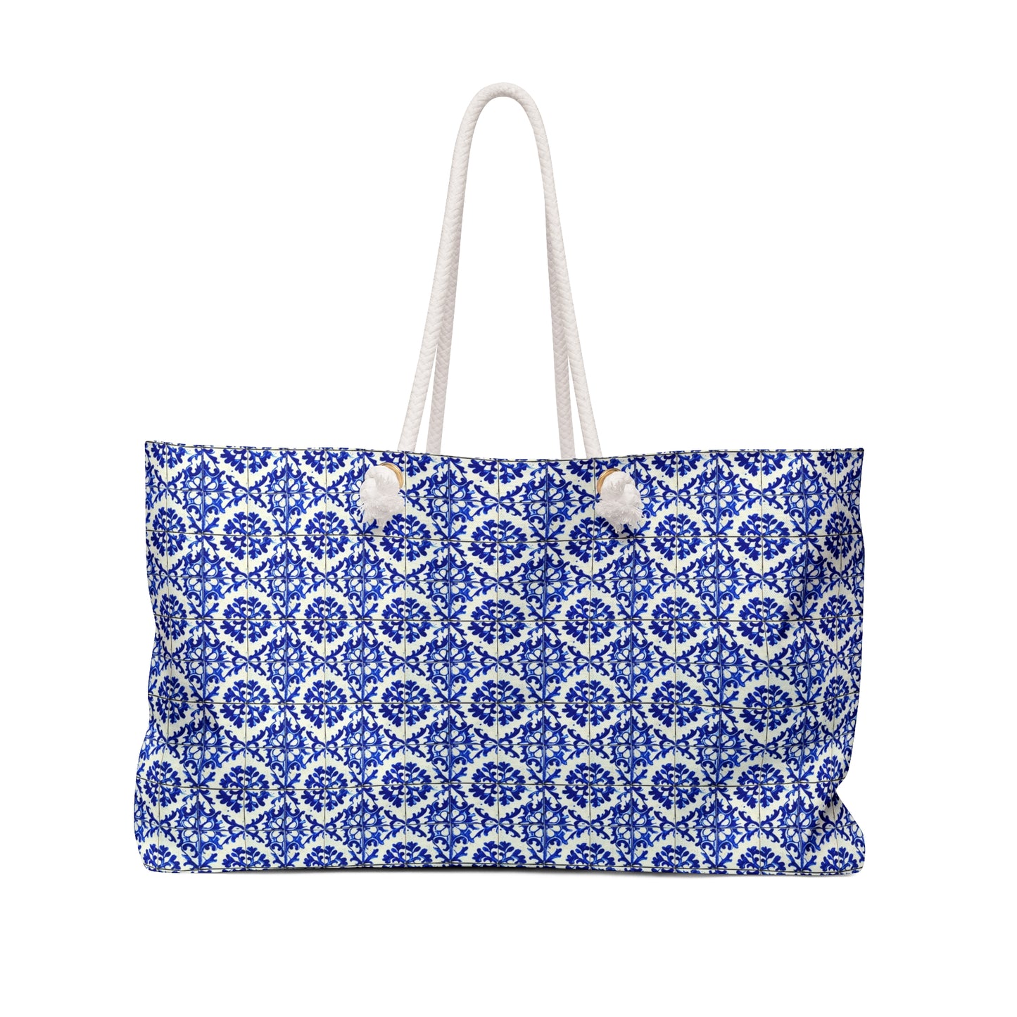 Portuguese Summer Blue and White Floral Antique Tile Shopper Market Beach Weekender Bag