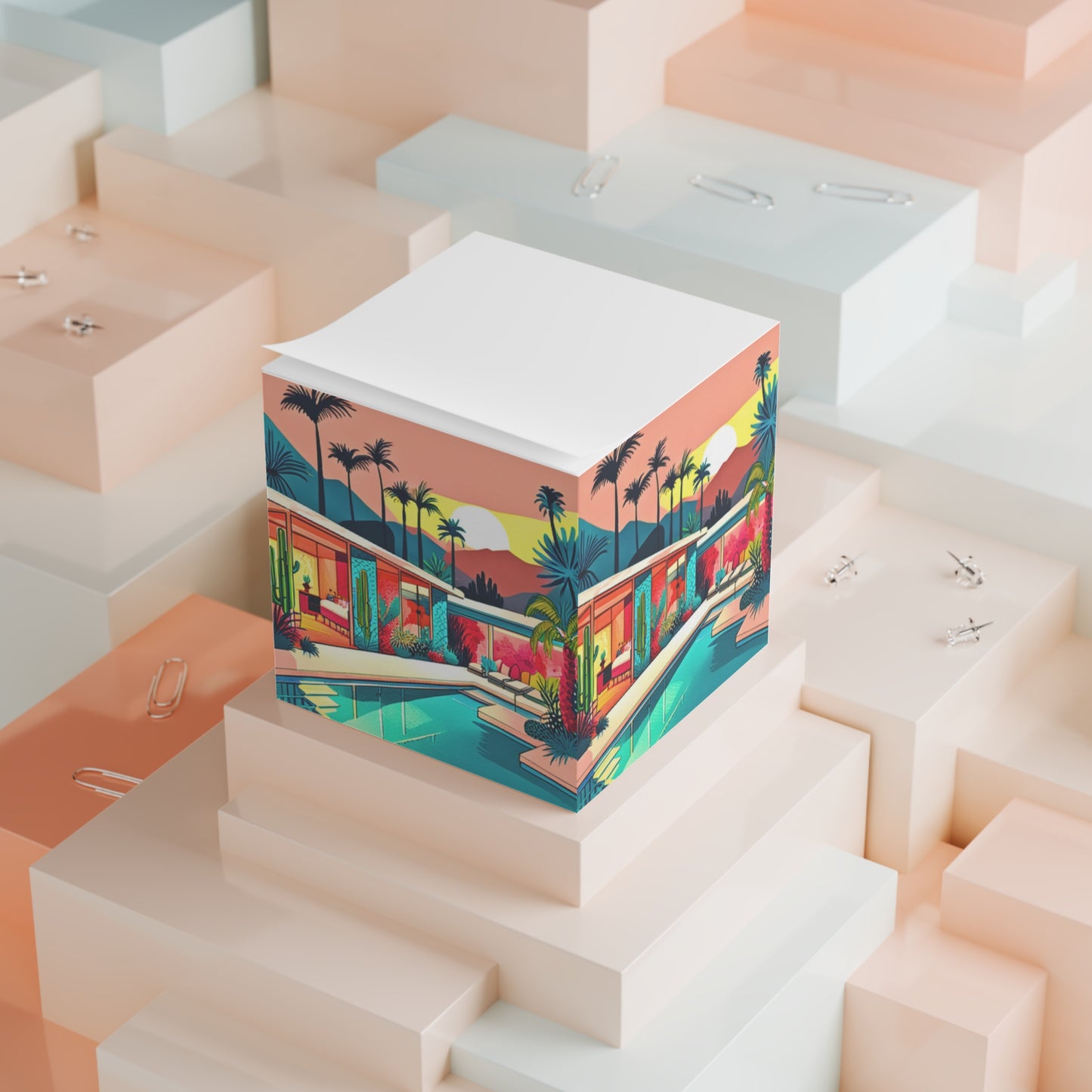 Palm Springs Patio Darling Cocktails Poolside Desert Palm Trees Cactus Midcentury Modern Paper Note Cube