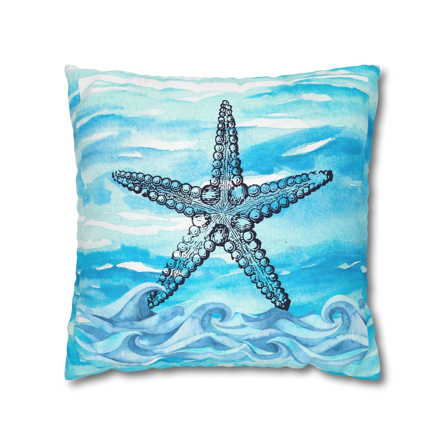 Coastal Summer Starfish Watercolor Square Poly Canvas Pillow Cover