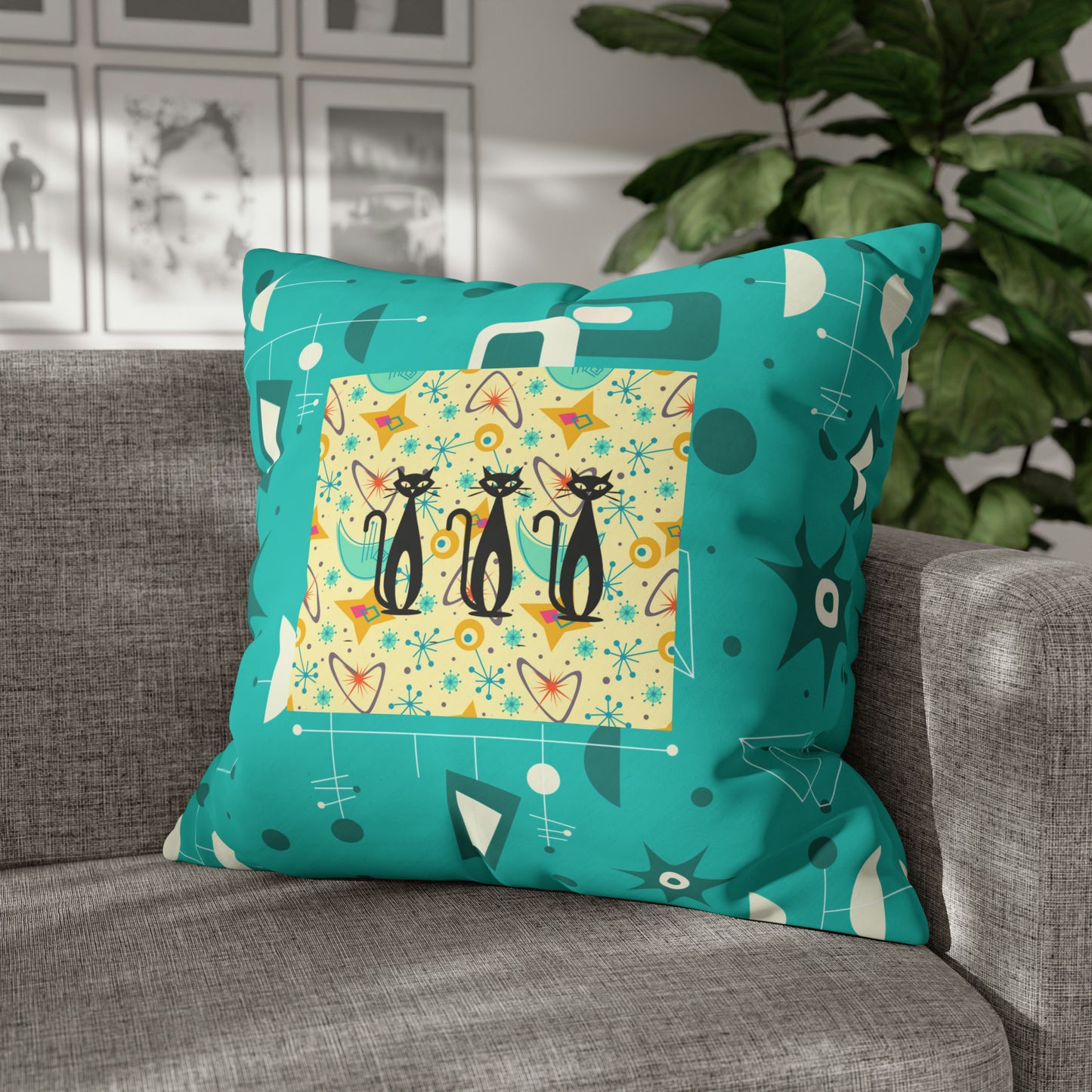 Triple Kitties Midcentury Modern Aqua Children Nursery Playroom Square Poly Canvas Pillow Cover