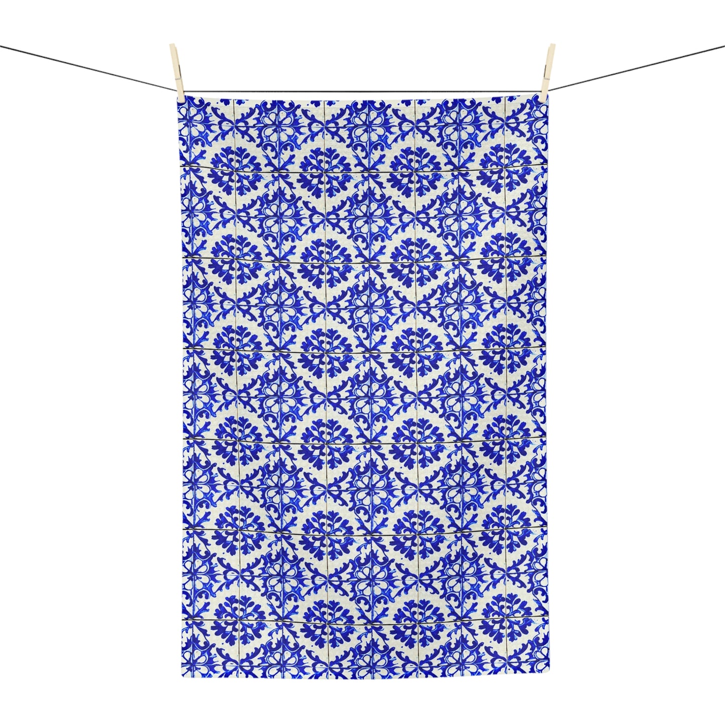 Portuguese Summer Blue and White Floral Antique Tile Microfiber Waffle Tea Towel/Bar Towel
