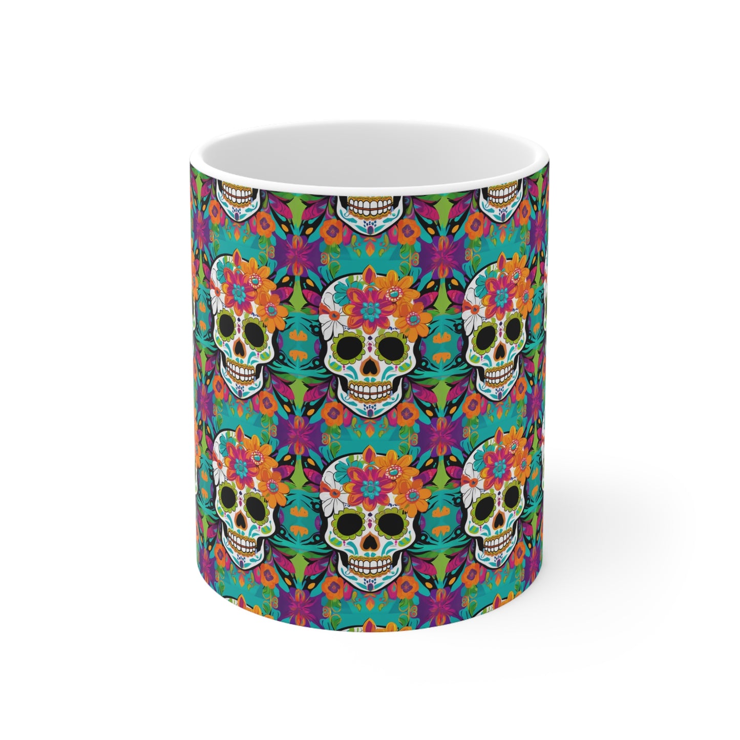 Day of the Dead Flower Power Skull Christmas Dia de los Muertos Mexican Hot Beverage Coffee Tea Ceramic Mug 11oz