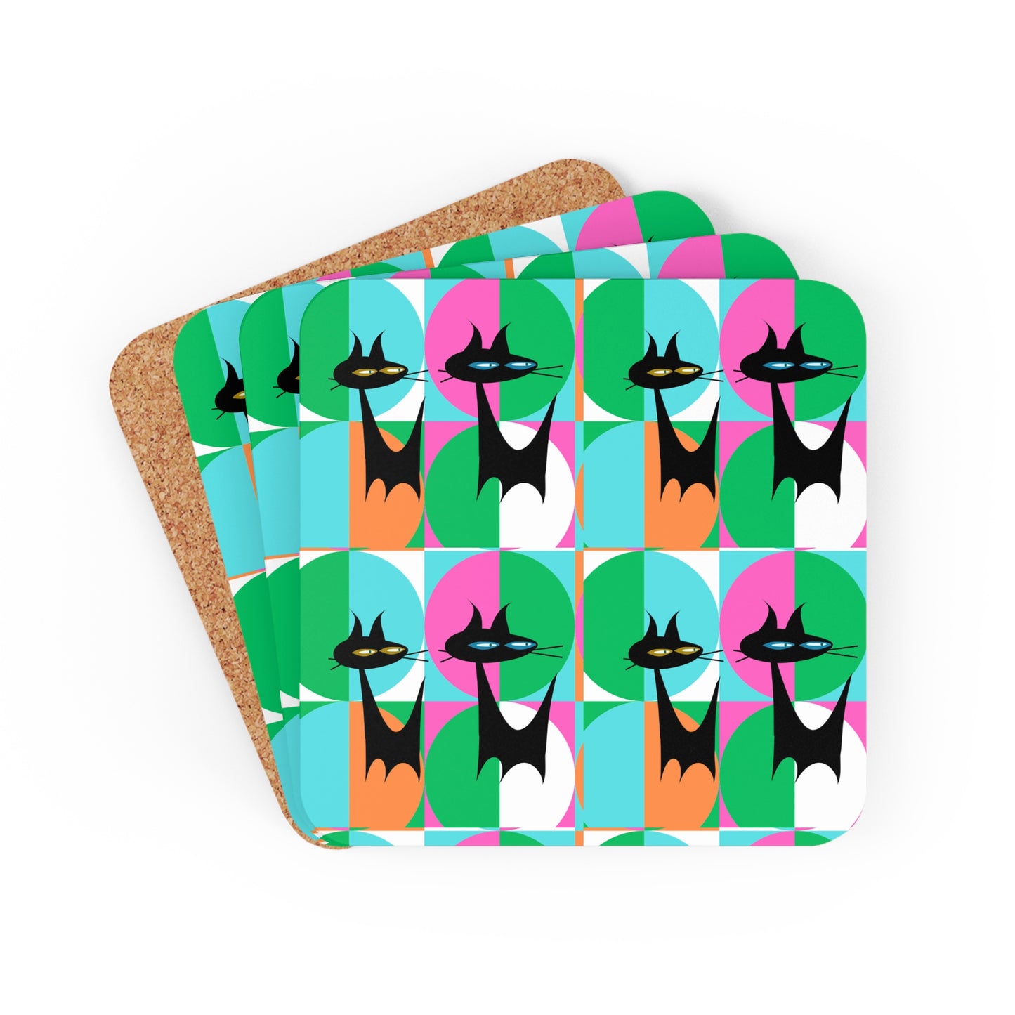 Mod Cats Midcentury Modern Atomic Black Cats Cocktail Party Beverage Entertaining Corkwood Coaster Set