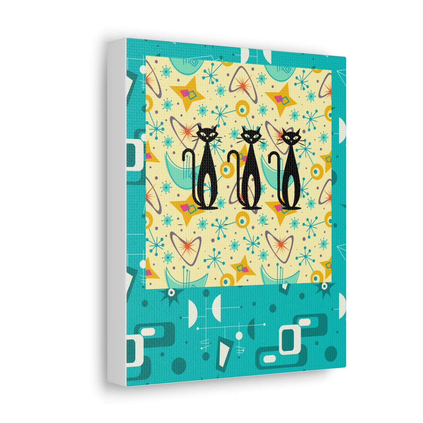 Triple Kitties Midcentury Modern Aqua Children Nursery Playroom Original Art Canvas Gallery Wraps