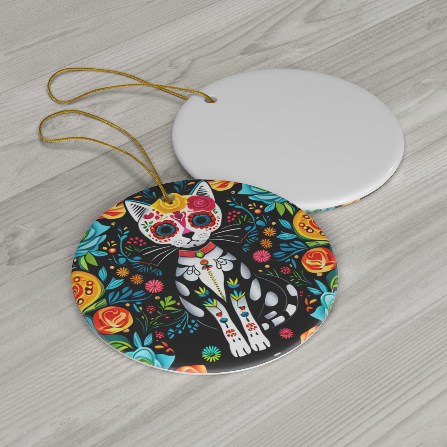 Day of the Dead Flower Power Kitty Cat Festive Dia de los Muertos Ceramic Ornament