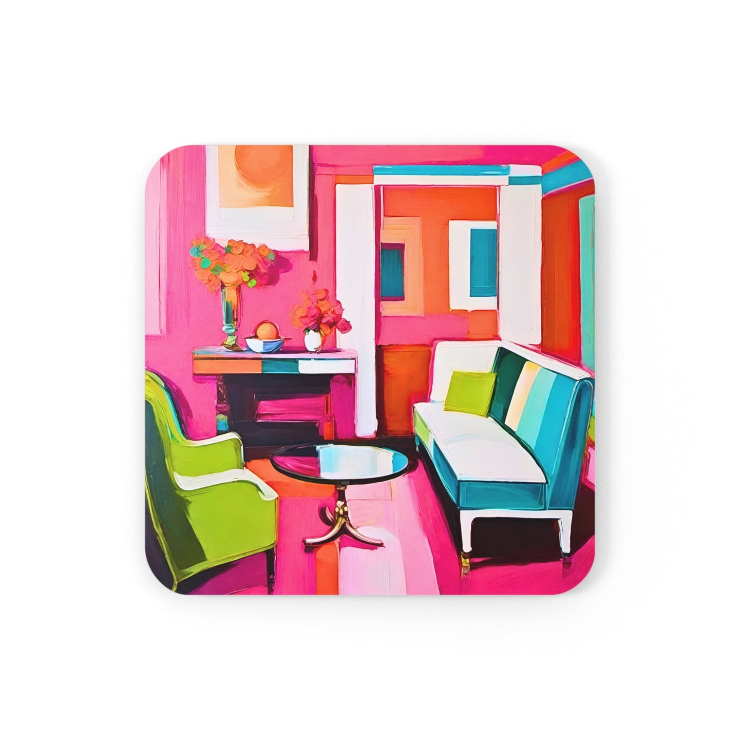 LA Casa Style California West Coast Hot Pink Interior Beverage Entertaining Home Decor Corkwood Coaster Set