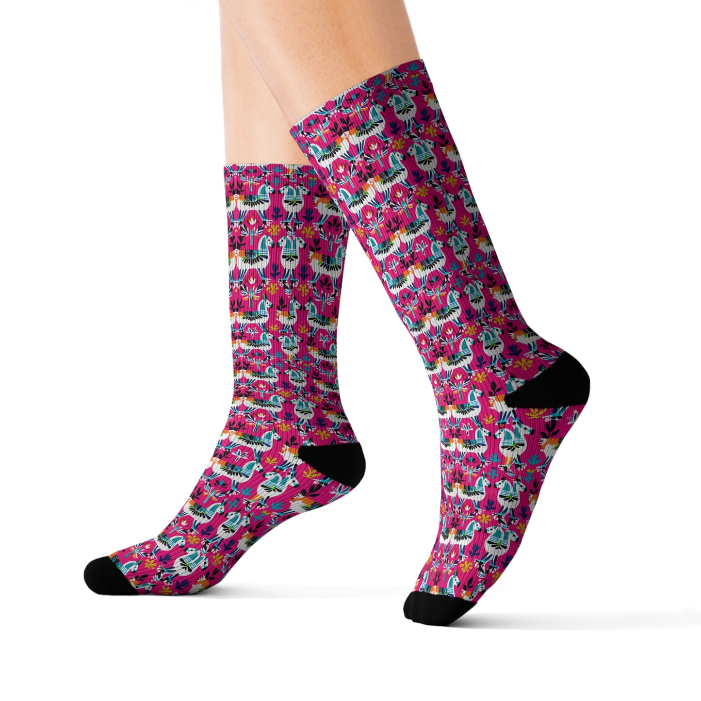 Hot Pink Llamas Otomi Mexican Indian Folk Art Sublimation Socks