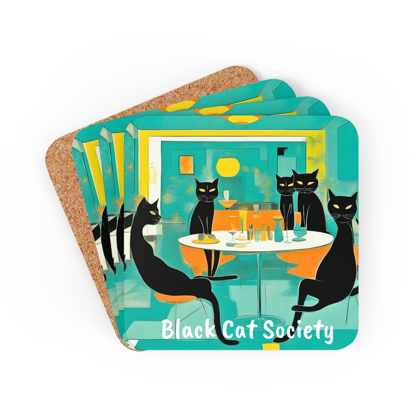 Black Cat Society Midcentury Modern Cocktail Party Entertaining Decorative Corkwood Coaster Set