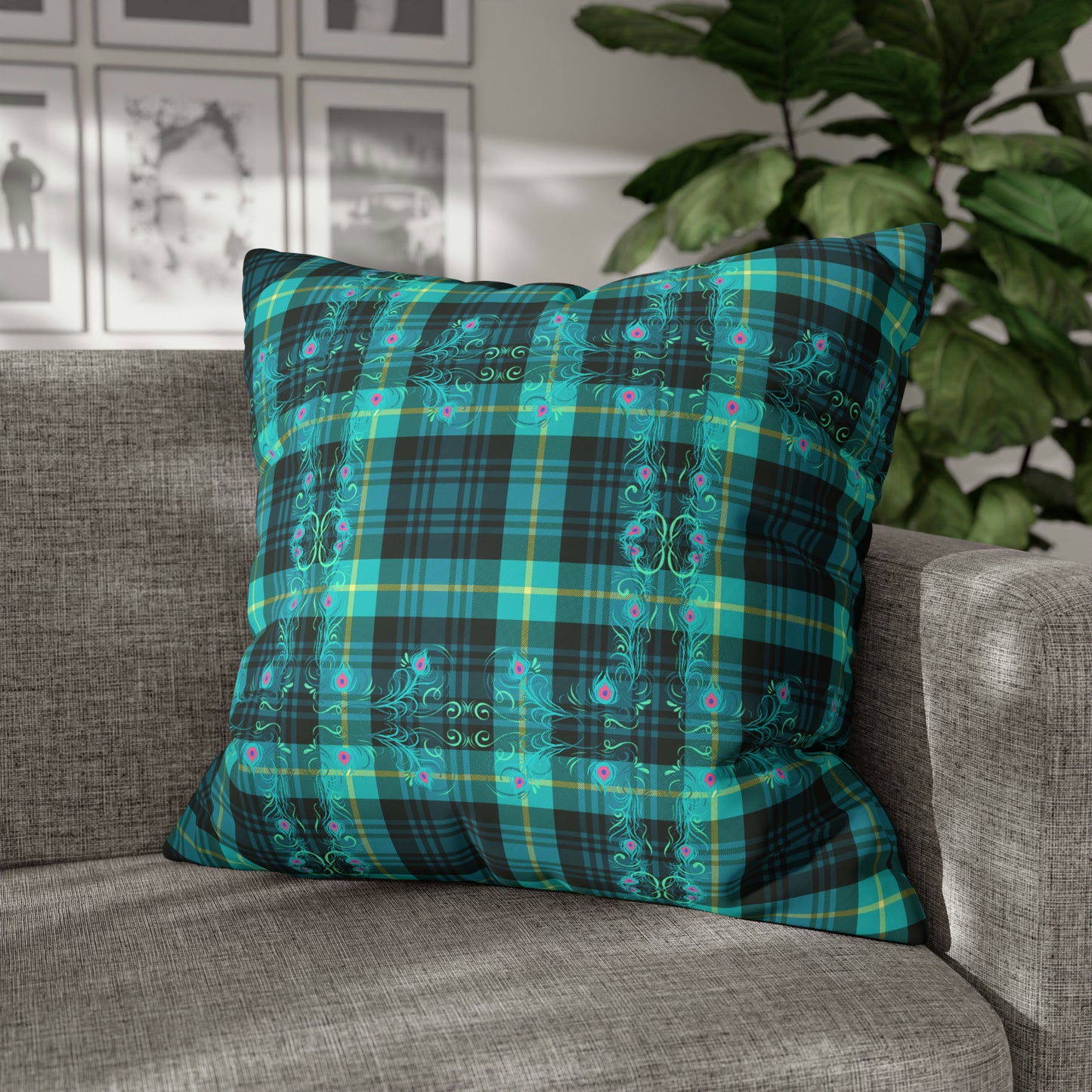 Tartan Plaid Peacock Feather Teal Greens Decorative Spun Polyester Pillow Cover