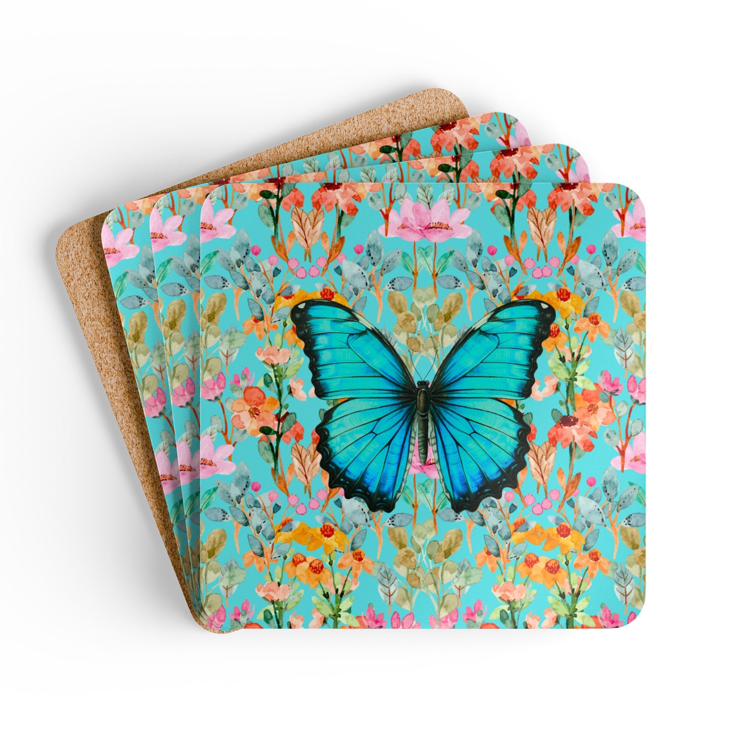 Wildflower Fields Turquoise Cocktail Beverage Corkwood Coaster Set