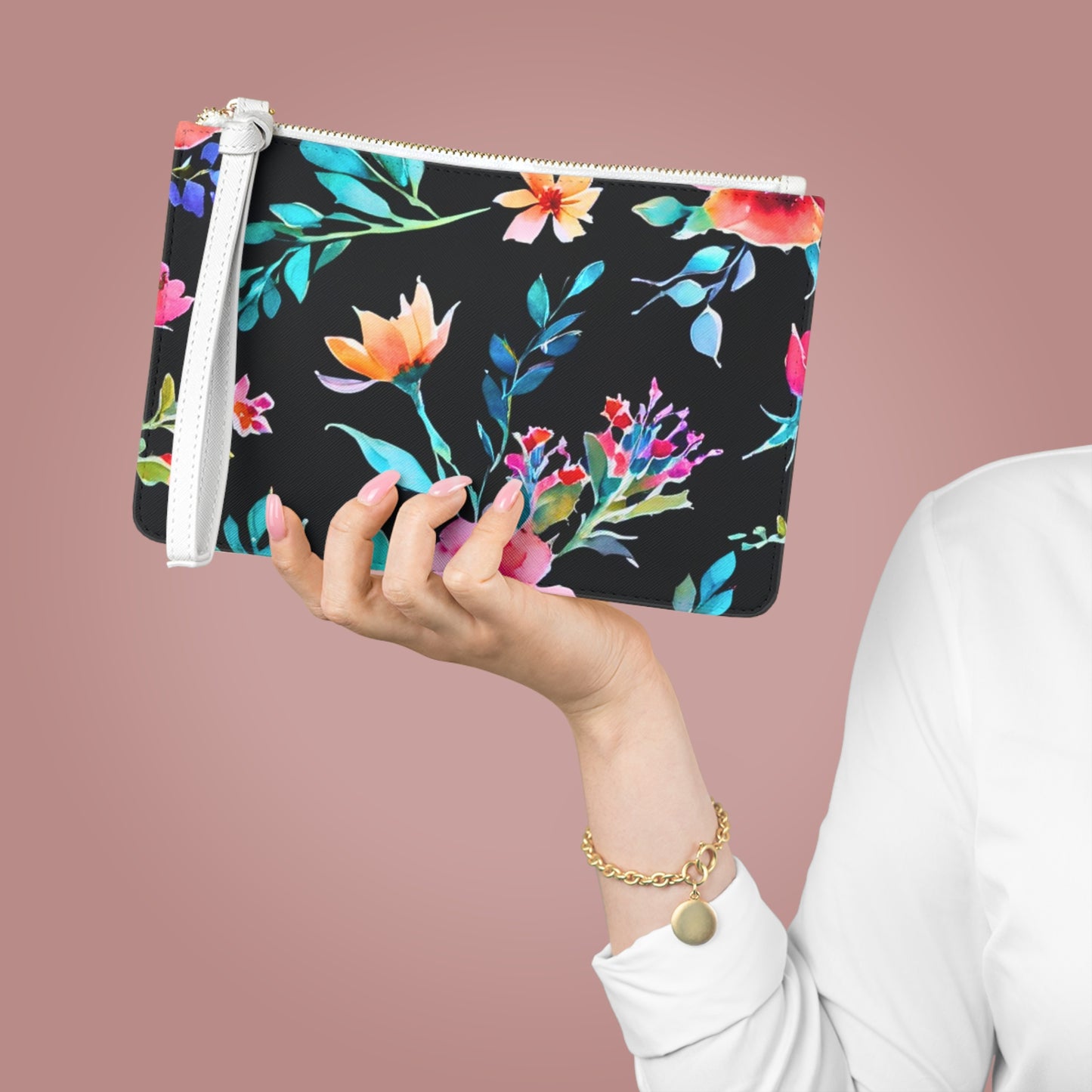 Midnight Floral II Watercolor Evening Daytime Fashion Pouch Clutch Bag