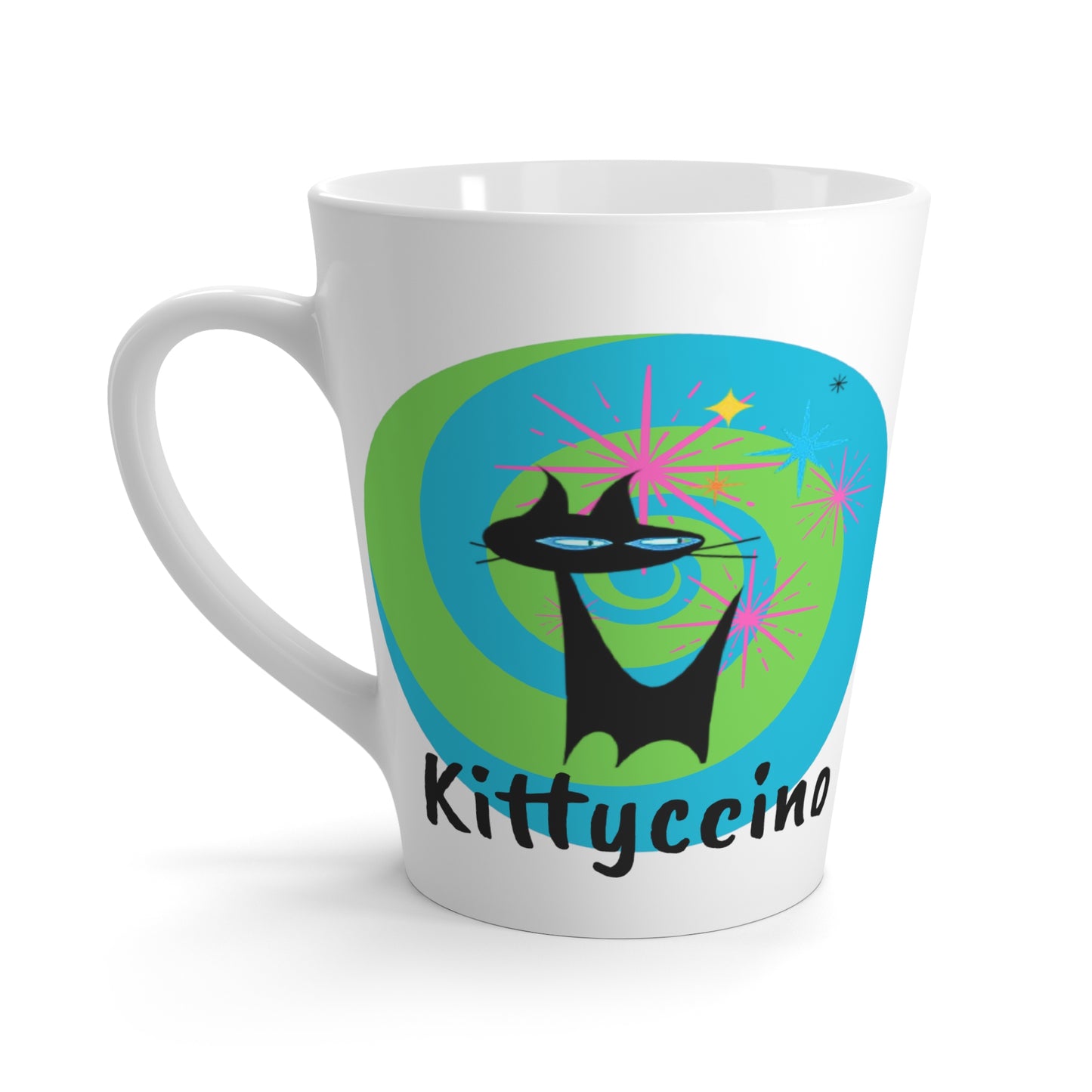 Kittyccino Midcentury Modern Atomic Black Cat Cappuccino Hot Beverage Tea Latte Mug
