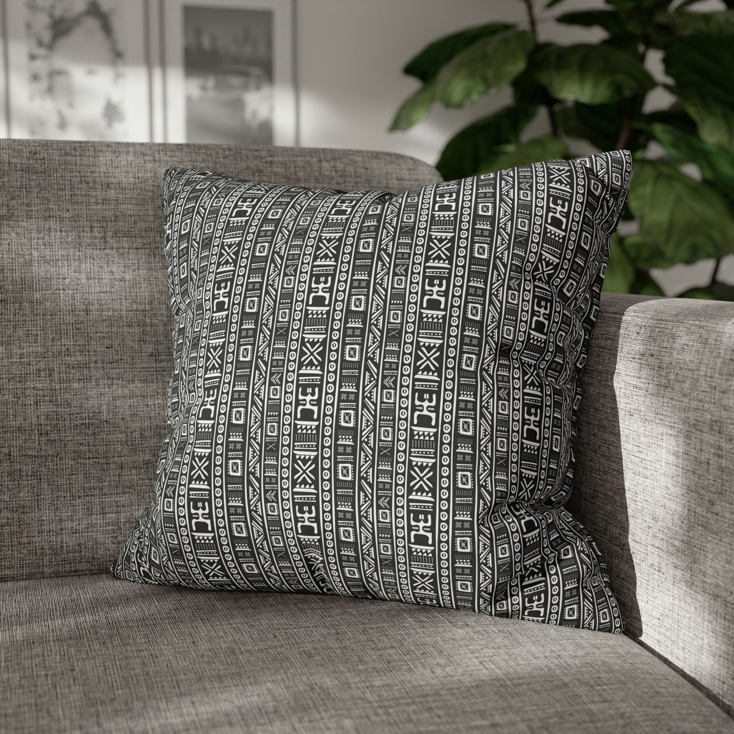 Tribal Vibrations Black and White Pattern Spun Polyester Pillow Cover