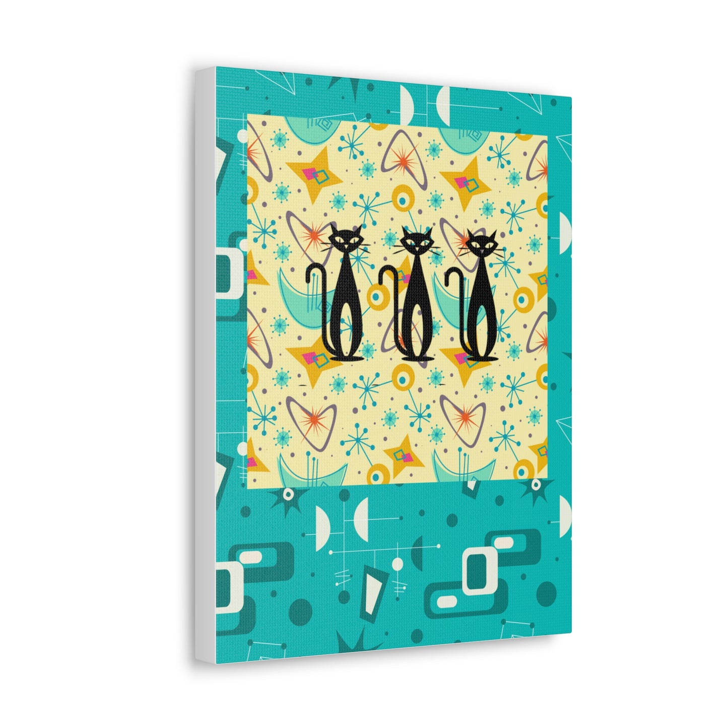 Triple Kitties Midcentury Modern Aqua Children Nursery Playroom Original Art Canvas Gallery Wraps