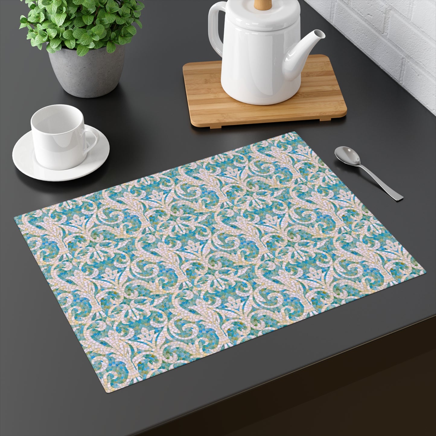 Aqua Mosaic Italian Tile Pattern Tablescape Placemat, 1pc