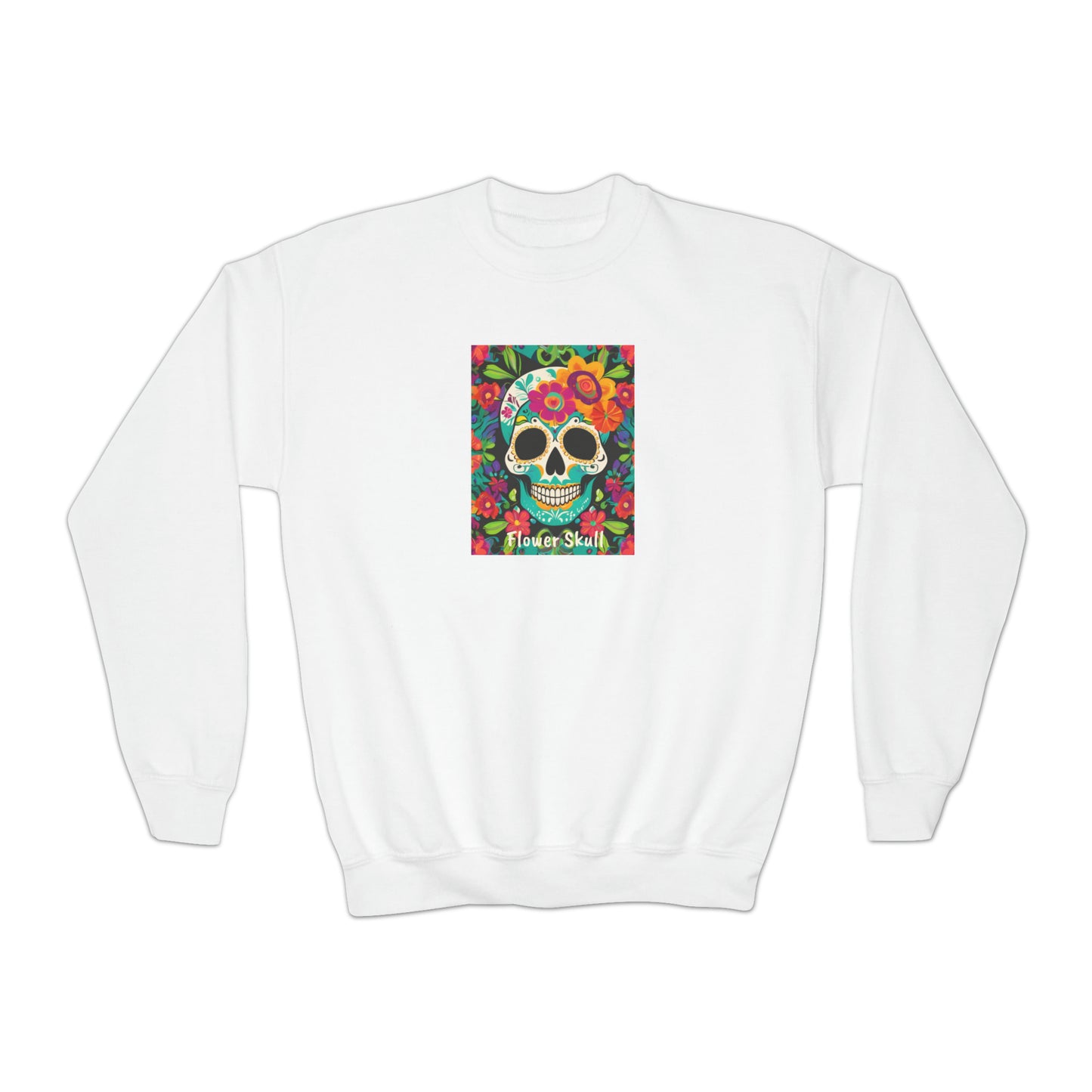Day of the Dead Flower Skull Christmas Festive Dia de los Muertos Youth Crewneck Sweatshirt