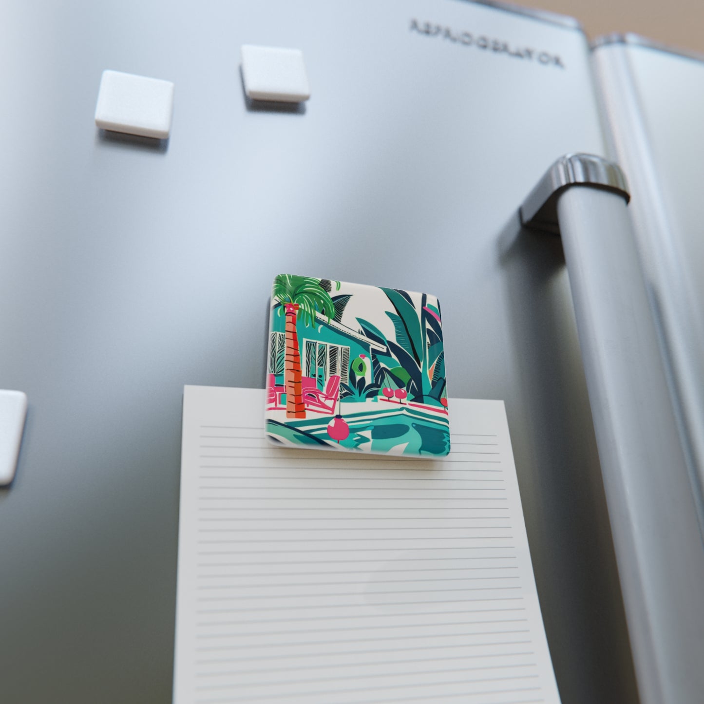 Miami Winter Poolside Midcentury Modern Porcelain Refrigerator Magnet, Square