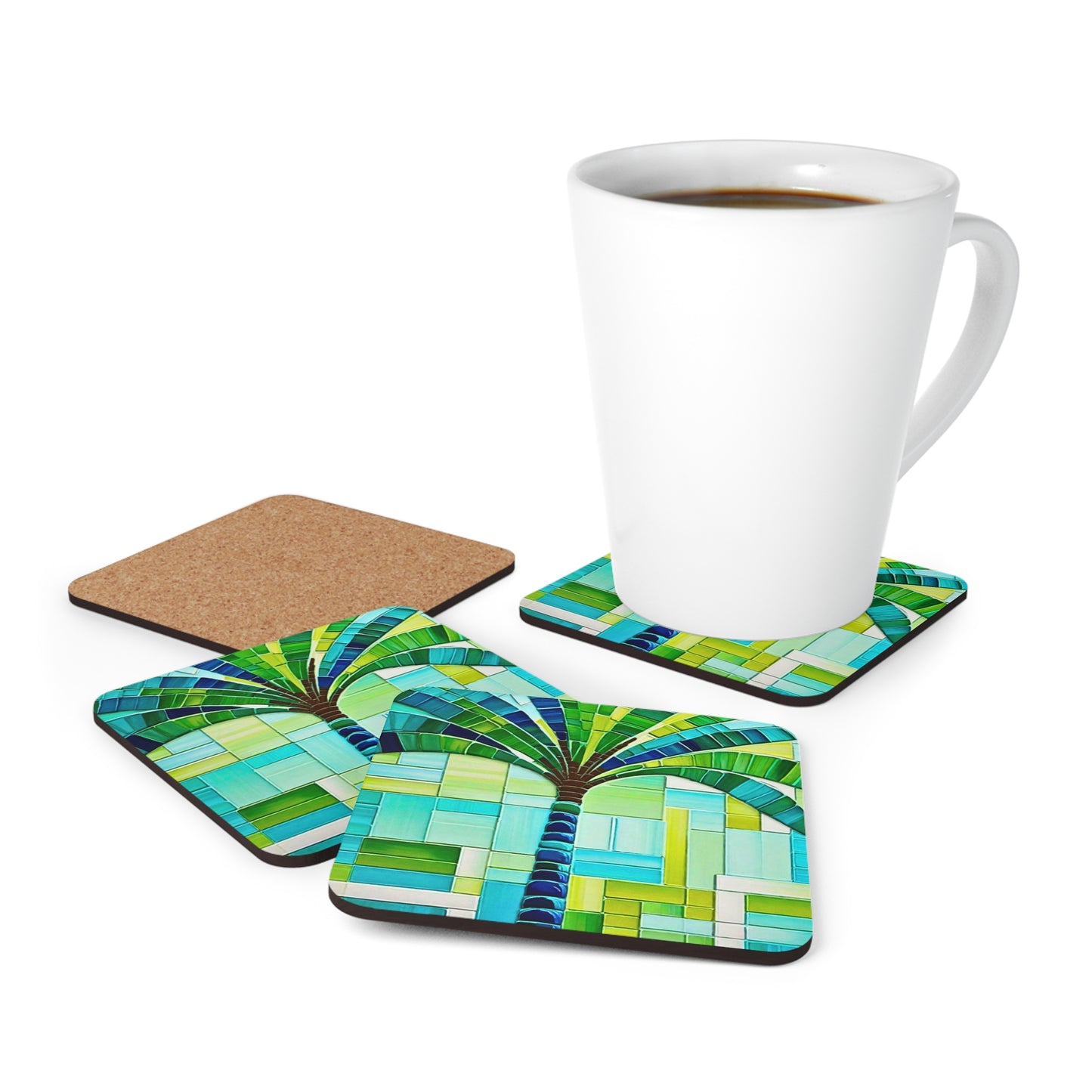 Turks and Caicos Island Palm Tree Mosaic Cocktail Beverage Entertaining Outdoor Patio Corkwood Coaster Set