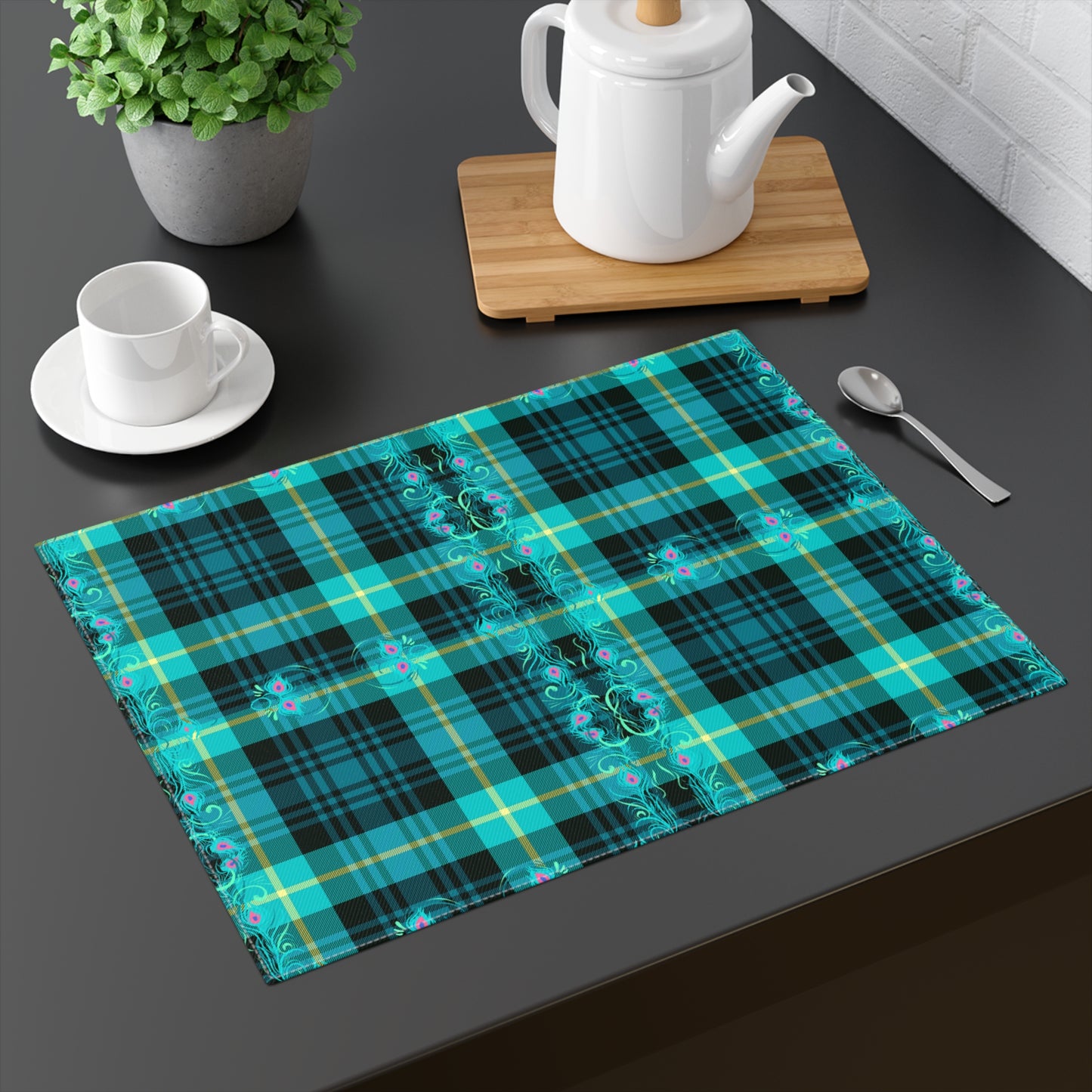 Tartan Plaid Peacock Feather Dining Decorative Design Tablescape Placemat, 1pc