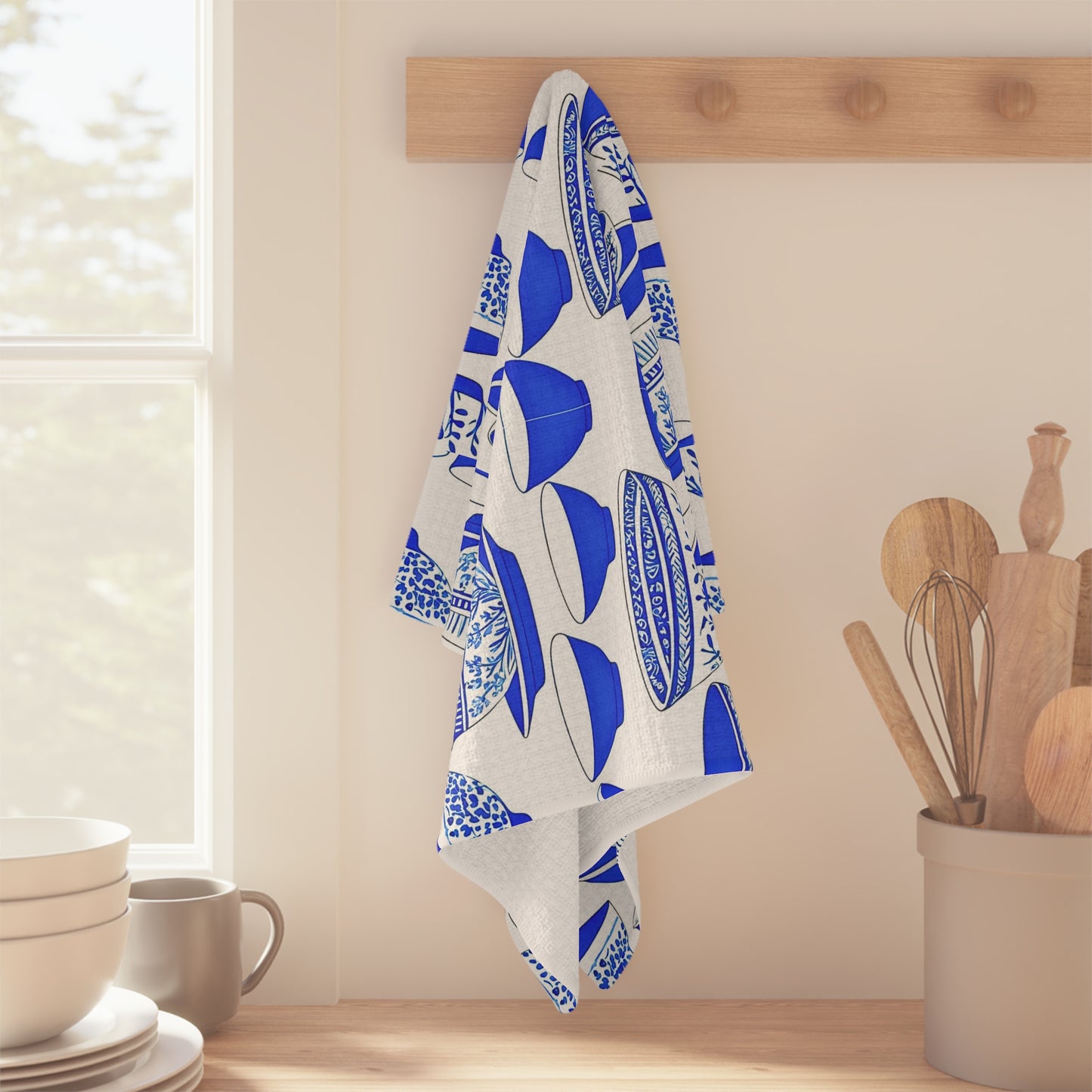Blue and White Chinese Rice Bowls Decorative Asian Waffle Kitchen Microfiber Waffle Tea Towel/Bar Towel