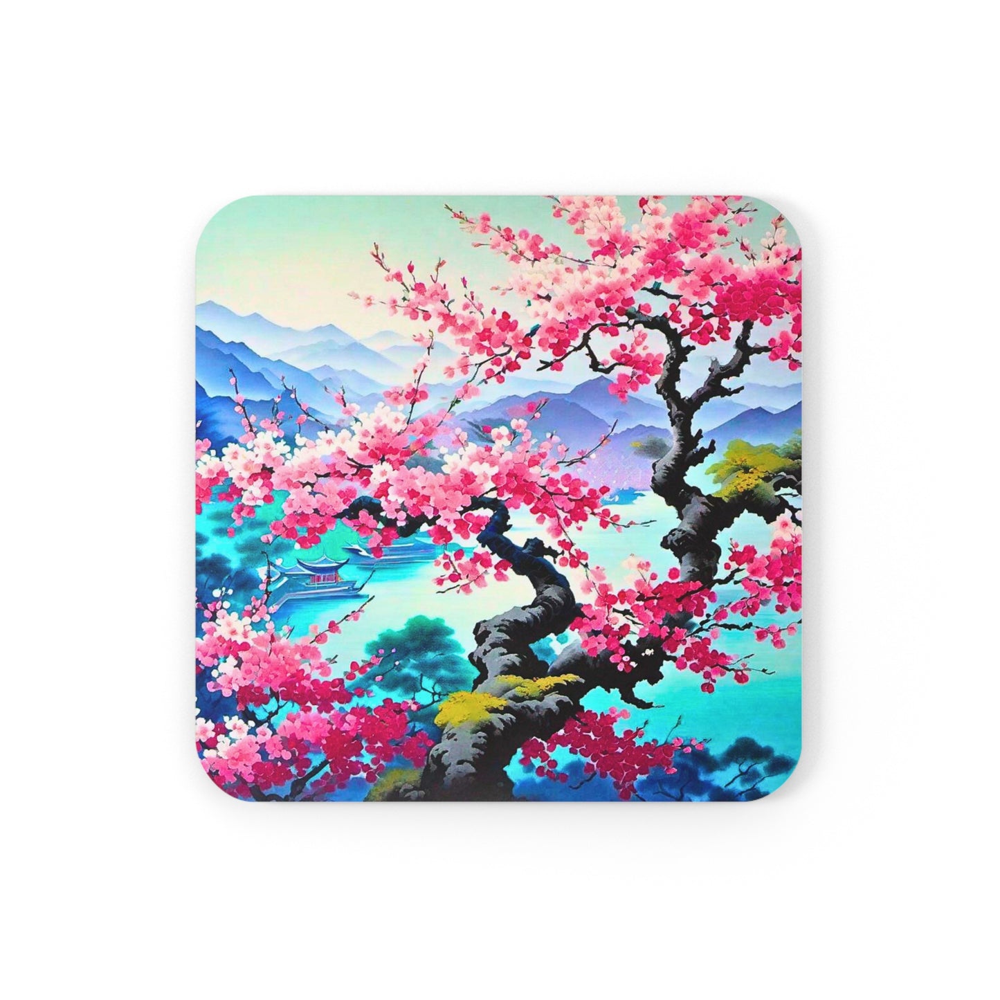 Japanese Mist Cherry Blossom Tree Dream Asian Cocktail Party Entertaining Beverage Corkwood Coaster Set