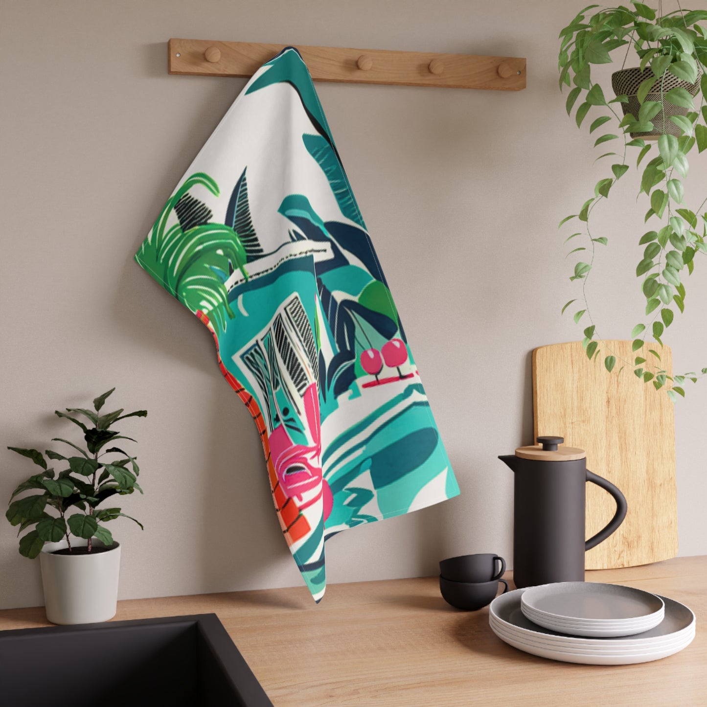 Miami Winter Poolside Midcentury Modern Palm Trees Tropical Flowers Holiday 1950 Illustration Decorative Kitchen Tea Towel/Bar Towel