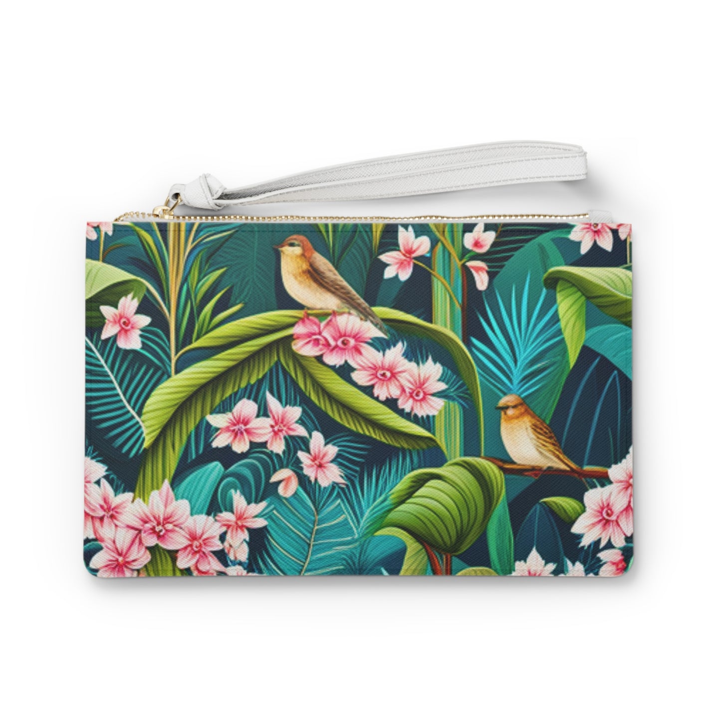 Aqua Tropical Rainforest Pink Orchids Birds Wood Block Print Errands Evening Pouch Clutch Bag
