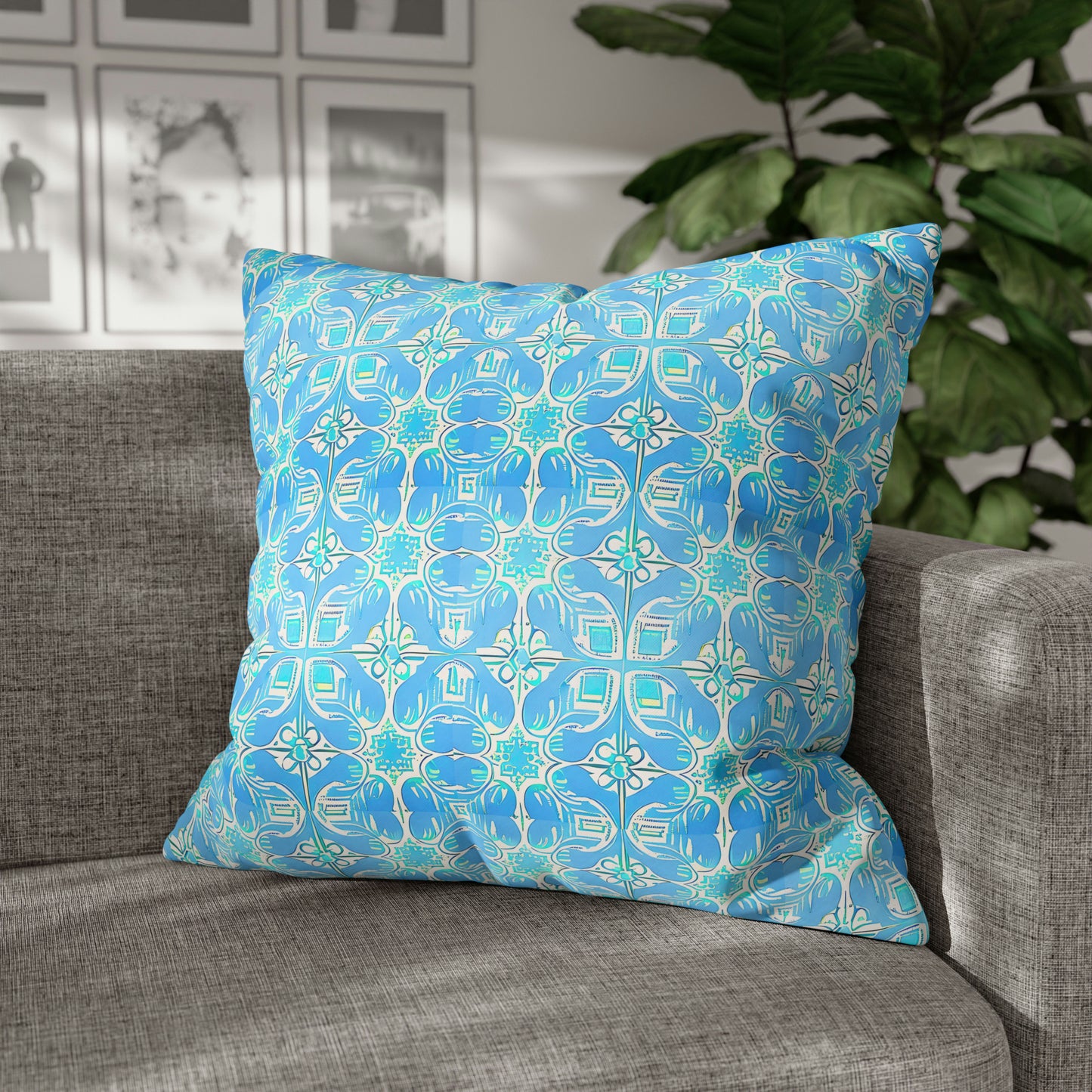 Greek Villa Tile Pattern Travel Island Turquoise Decorative Spun Polyester Pillowcase