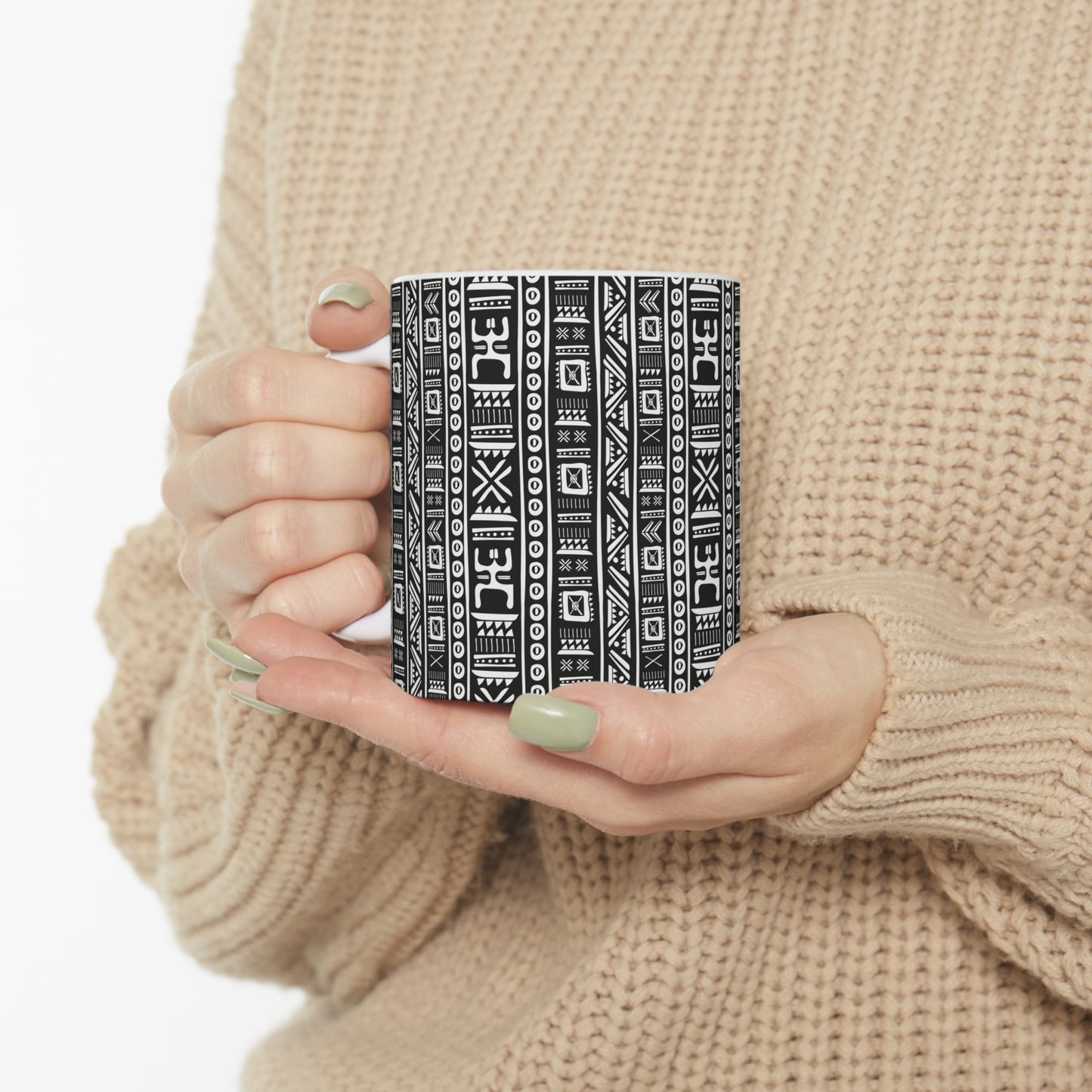 Tribal Vibrations Black and White Pattern Hot Beverage Coffee Tea Ceramic Mug 11oz