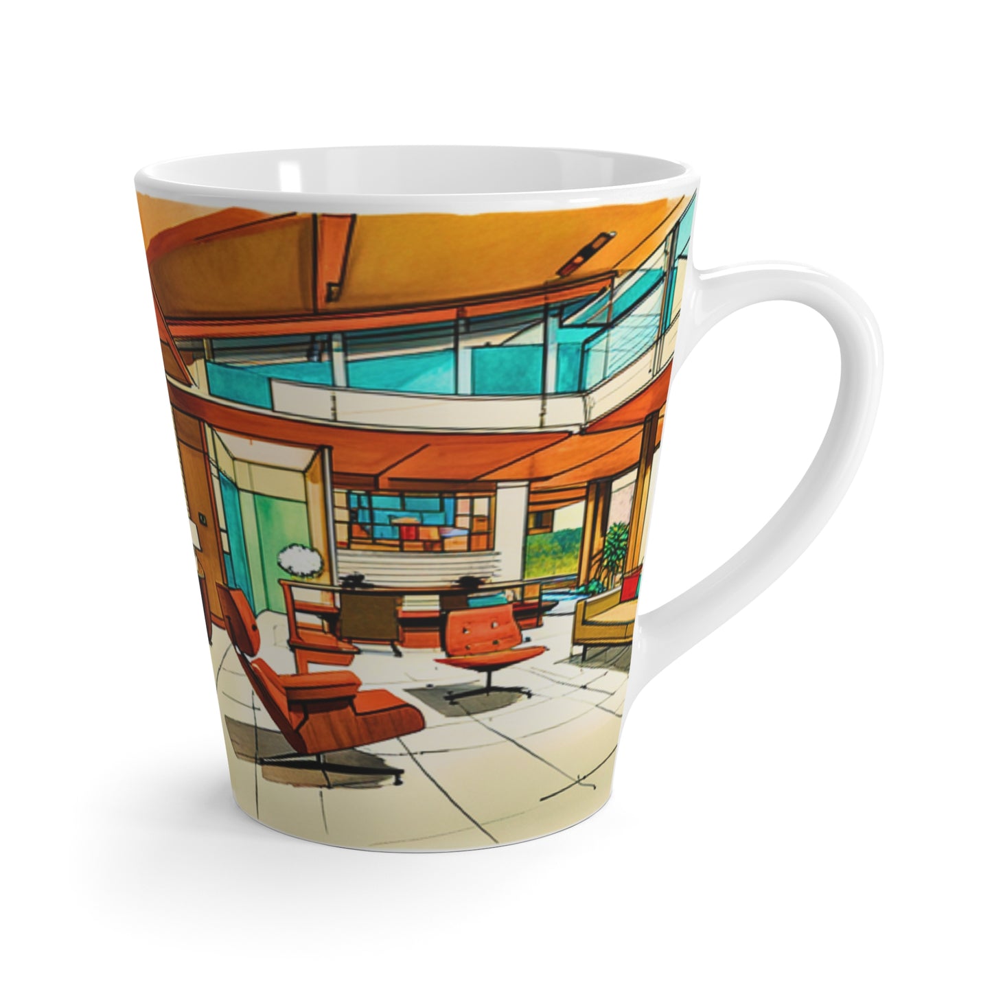 Atrium Sunroom Midcentury Modern Architect Interior Designer Rendering Turquoise Hot Beverage Cappuccino Tea Latte Mug