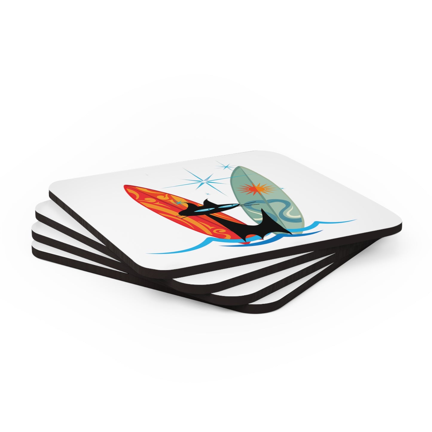 Snarky Surfing Midcentury Modern Atomic Black Cat Cocktail Party Beverage Entertaining Corkwood Coaster Set