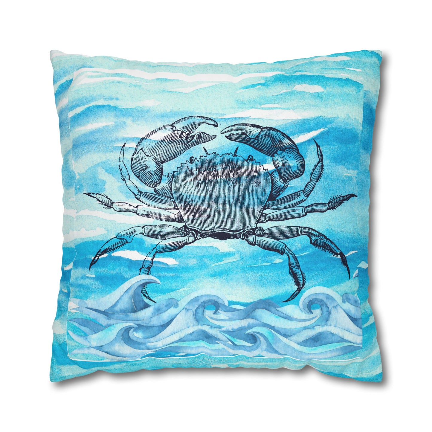 Coastal Summer Crab Watercolor Square Poly Canvas Pillow Cover