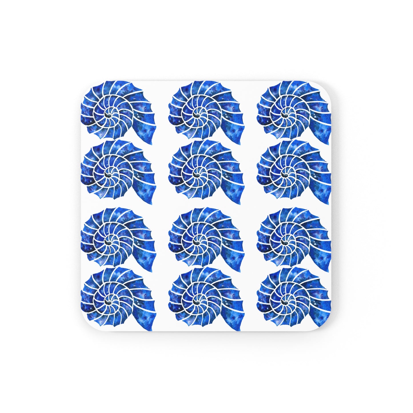 Blue and White Nautilus Shell Ocean Coastal Pattern Decorative Cocktail Party Beverage Entertaining Corkwood Coaster Set