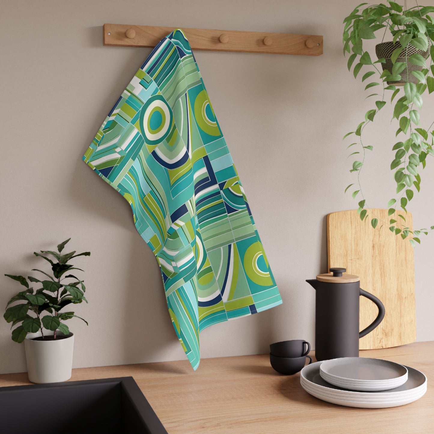 Mexican Riviera Midcentury Modern Coastal Ocean Colors Tile Decorative Kitchen Tea Towel/Bar Towel