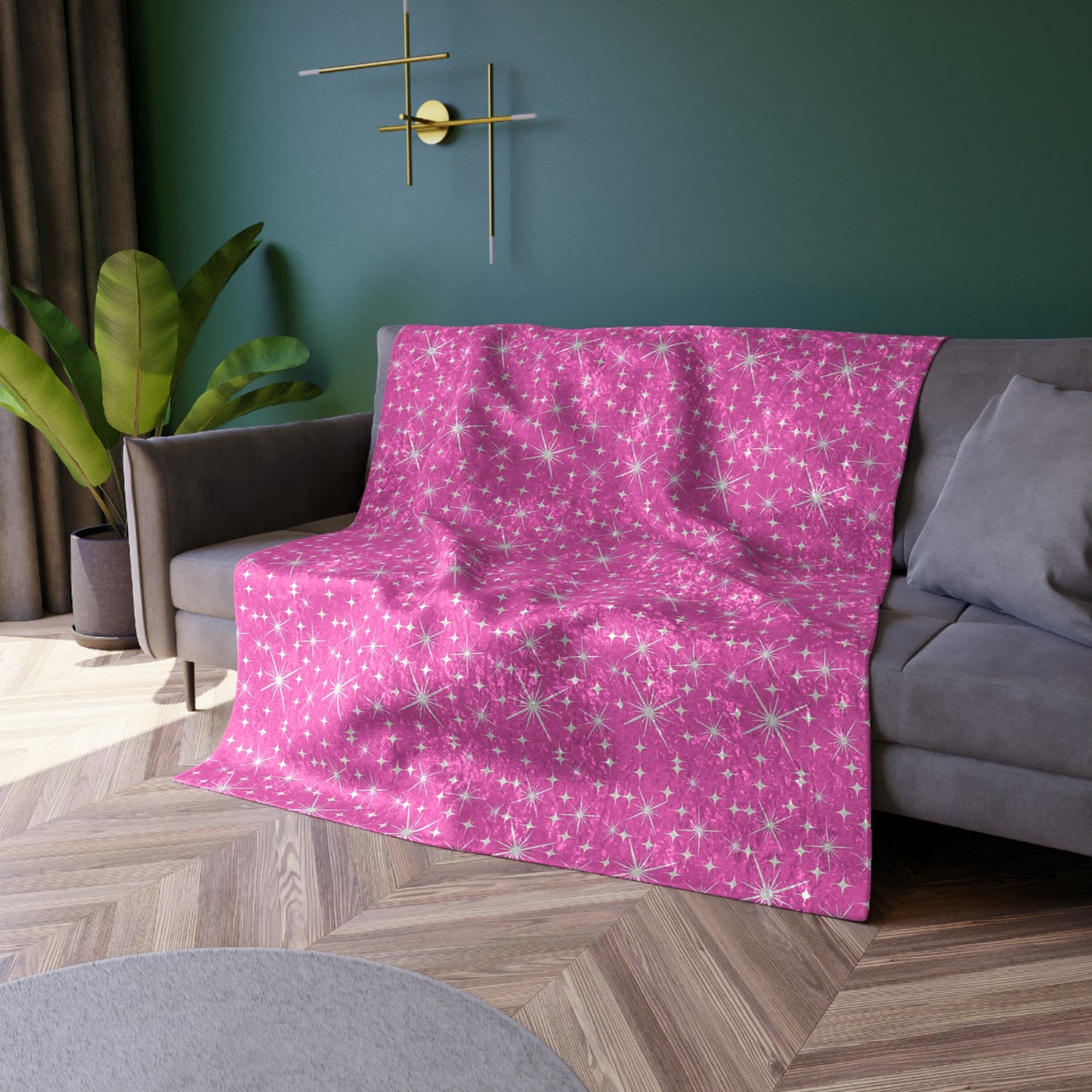 Midcentury Modern Stars Hot Pink Warm Cozy Lounge Shimmer Crushed Velvet Blanket