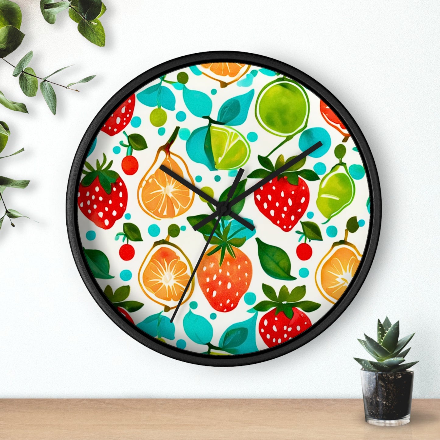 Summer Fruit Garden Midcentury Modern Illustration Water Strawberries Limes Oranges Plums Wall Clock