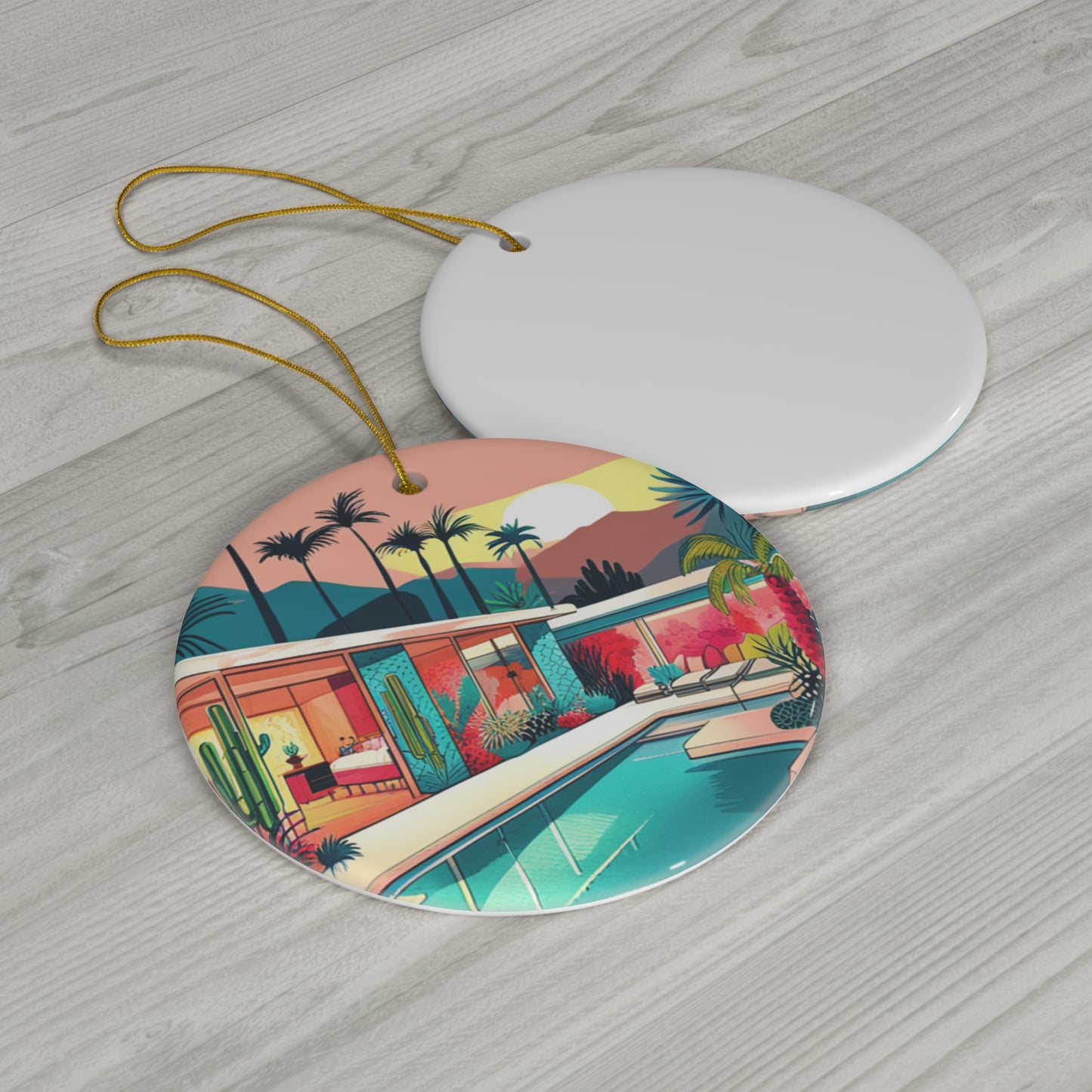 Palm Springs Desert Christmas Poolside Midcentury Modern 1950 Style House Ceramic Ornament