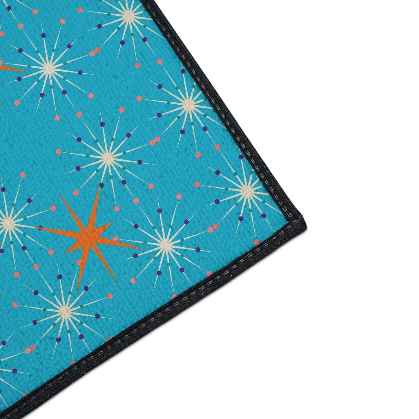 Midcentury Modern Atomic Stars Turquoise Pattern Decorative Indoor Outdoor Heavy Duty Floor Mat