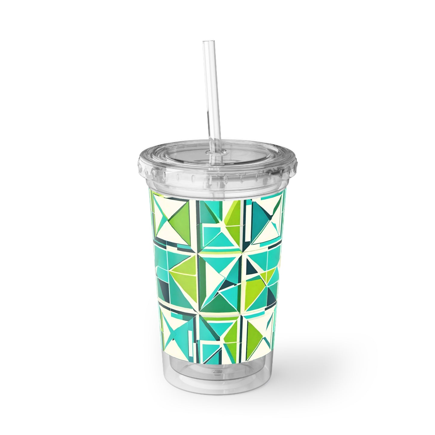Cancun Vacation Midcentury Modern Tile Turquoise and Green Geometric Pattern Beverage Travel Suave Acrylic Cup
