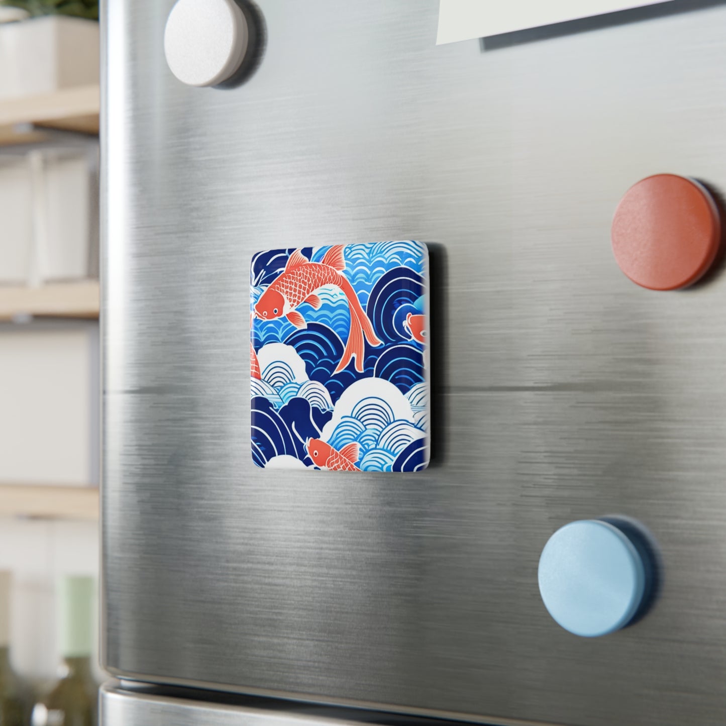 Dancing Koi Ocean Japanese Tropical Porcelain Magnet, Square
