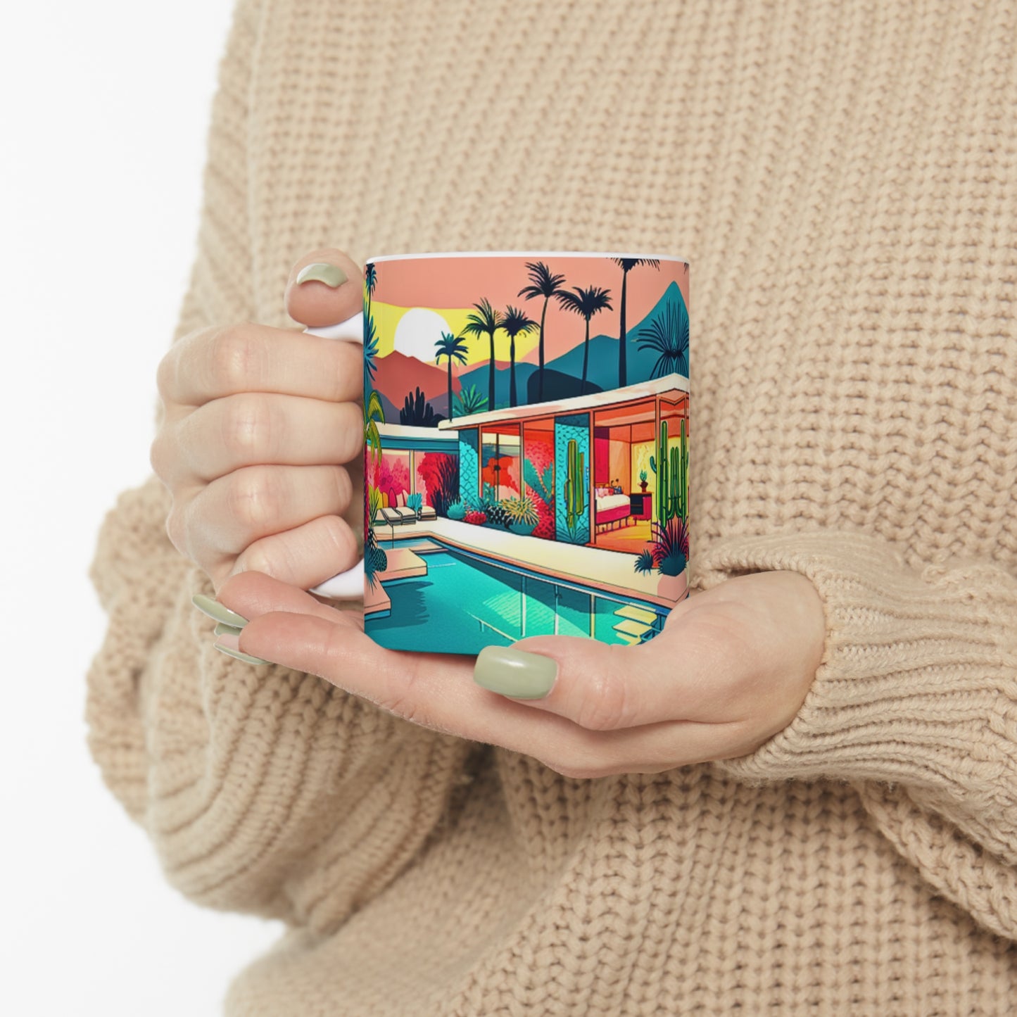 Palm Springs Patio Darling Cocktails Poolside Desert Palm Trees Cactus Midcentury Modern Style Hot Beverage Coffee Tea Ceramic Mug 11oz