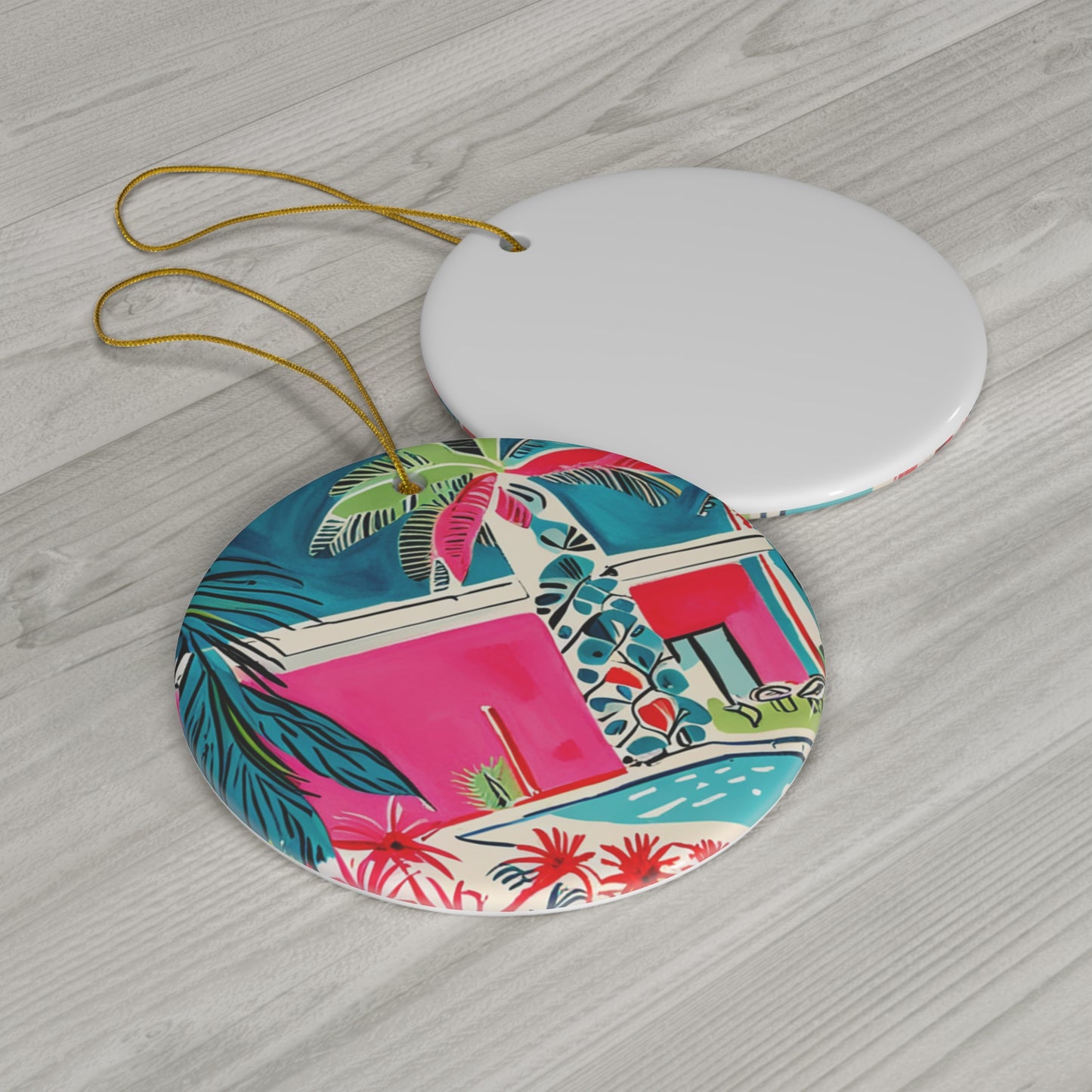 Midcentury Modern Cabana Miami Winter Pink Palm Trees Poolside Decoration Sunshine State Ceramic Ornament
