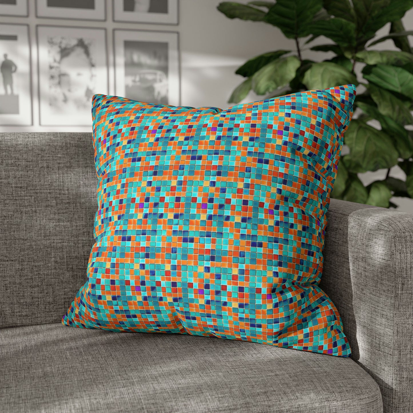 Fall Mosaic Geometric Pattern Decorative Midcentury Modern Style Spun Polyester Pillow Cover