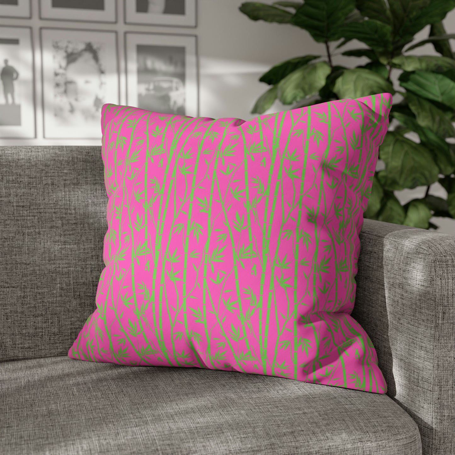 Bamboo Zen Meditation Garden Hot Pink Lime Green Decorative Spun Polyester Pillow Cover